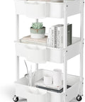 Three Tier Utility Rolling Cart With Lockable Caster Wheels And Three Hanging Baskets, Mobile Storage Shelves Organizer For Bathroom Kitchen Office And Workshop