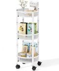 Foldable Three Tier Rolling Cart With Wheels No Assembly Metal Utility Cart For Kitchen Bathroom Dorm Nursery White Durable Steel Trolley Organizer With Air Ventilated Mesh Baskets And Super Easy Maneuverability, shown filled with groceries and plants.