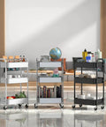 3 Tier Rolling Utility Cart With Caster Wheels Four Wheels Two Lockable For Kitchen And Bathroom Super Handy For Trays Towels Cleaning Supplies And Organizing Small Spaces Easy Assembly In Minutes Black Finish