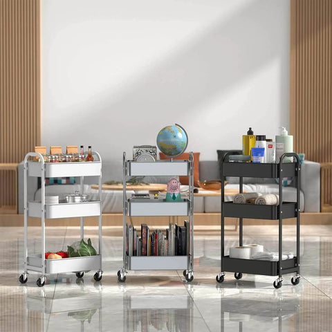 3 Tier Rolling Utility Cart With Caster Wheels Four Wheels Two Lockable For Kitchen And Bathroom Super Handy For Trays Towels Cleaning Supplies And Organizing Small Spaces Easy Assembly In Minutes Black Finish