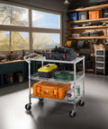 Heavy Duty Commercial Grade Utility Cart With Three Tiers And Handle Bar Steel Wire Rolling Cart With Wheels For Kitchen Workshop Or Food Storage NSF Listed Durable Plant Display Shelf Trolley Finnhomy holding tools in workshop