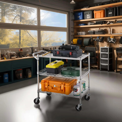 Heavy Duty Commercial Grade Utility Cart With Three Tiers And Handle Bar Steel Wire Rolling Cart With Wheels For Kitchen Workshop Or Food Storage NSF Listed Durable Plant Display Shelf Trolley Finnhomy holding tools in workshop