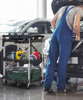 Portable Folding Service Cart With Three Tiers 330 Lb Capacity Workhorse Rolling Utility Cart On Wheels For Warehouse And Home Workshop Garage Restaurant And Office Use No Assembly Required in garage with tools