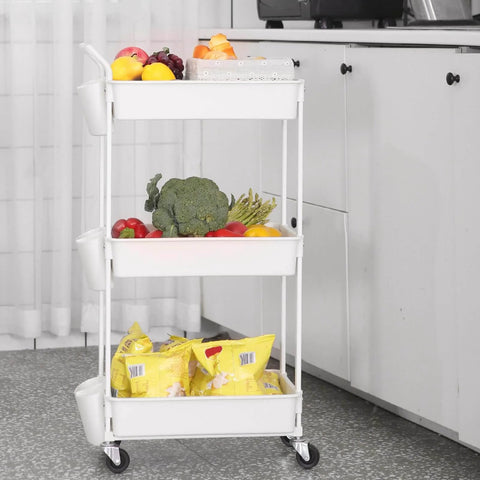 Three Tier Utility Rolling Cart With Lockable Caster Wheels And Three Hanging Baskets in a kitchen setting