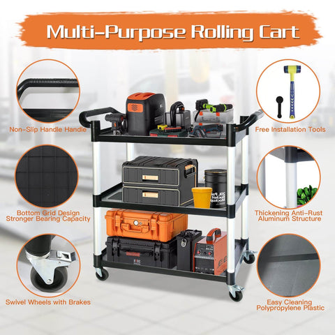 Built To Haul 3 Tier Utility Cart On Wheels With 510 Lb Capacity For Kitchen Office And Warehouse Rubber Pad Durable Aluminum Frame And High Density Polyethylene Shelves 31.5 x 16.9 x 38.9 Inches Black with tools and containers displayed