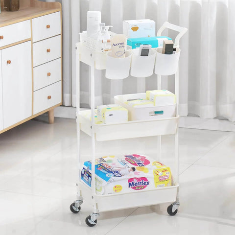 Three Tier Utility Rolling Cart With Lockable Caster Wheels And Three Hanging Baskets, Mobile Storage Shelves Organizer displayed in room
