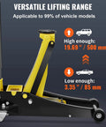 Side view of Three Ton Low Profile Floor Jack With Dual Pistons Quick Lift Pump, showing lifting range for tire changes and maintenance.