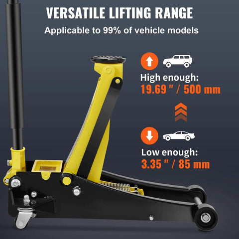 Side view of Three Ton Low Profile Floor Jack With Dual Pistons Quick Lift Pump, showing lifting range for tire changes and maintenance.