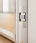 Three Way Adjustable Invisible Hinges For Hidden Doors, sleek zinc alloy, shown installed on a door, 180 degree swing, matte silver finish.