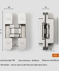 Dimensions of Three Way Adjustable Invisible Hinges for hidden doors, 180 degree swing, slick zinc alloy, 5.5 inch, by YAGU.