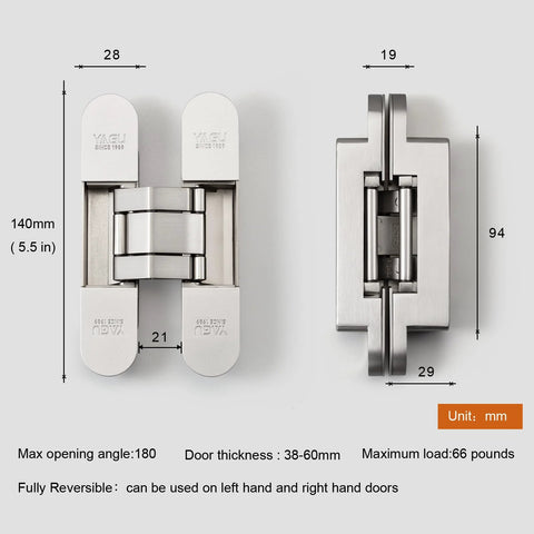 Dimensions of Three Way Adjustable Invisible Hinges for hidden doors, 180 degree swing, slick zinc alloy, 5.5 inch, by YAGU.