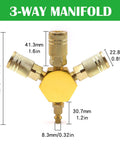 Front view of Air Splitter Three Way Manifold With Brass Industrial Couplers And One Quarter Inch Plug For Air Compressor Hose Quick Connect Fittings, Heavy Duty Iron Aluminum Alloy, Corrosion Resistant, Inlet One Quarter Inch FNPT, Outlets Three with dimensions.