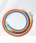 Three Point Five CFM Vacuum Pump With Three Way Manifold Gauge Set hoses in red, blue, and yellow for HVAC Refrigeration systems