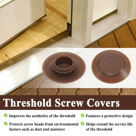 20Pcs Threshold Screw Covers for Door Sill Cap, Door Threshold Plugs for Hiding Screws, Plastic, shown near door sill.