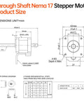 Technical diagram of Through Shaft Nema 17 Stepper Motor TR8x8 400mm 2 Phase 1.8° High Torque 0.3Nm(42.48oz·in) with dimensions.