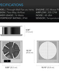 Specifications for Room To Room AC Infinity 8 Inch Through The Wall Fan With Reversible Airflow, front and side views, size details.