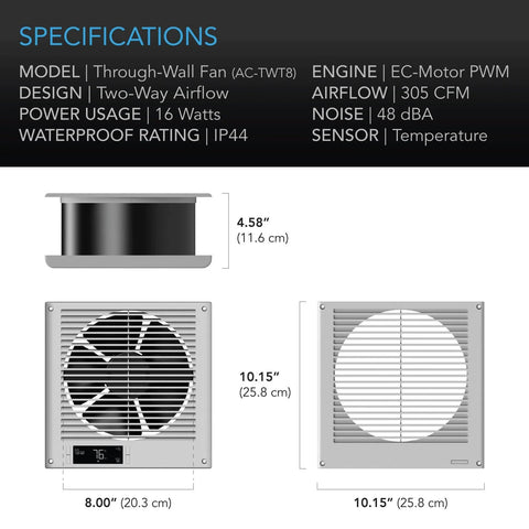 Specifications for Room To Room AC Infinity 8 Inch Through The Wall Fan With Reversible Airflow, front and side views, size details.