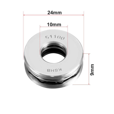 Thrust Ball Bearing Set 10mm 24mm 9mm Chrome Steel ABEC 3 Single Row 5 Piece Pack front view dimensions shown