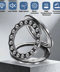 Angled view of two chrome steel thrust ball bearings, 20mm bore, 40mm OD, 14mm thick, with visible steel balls.