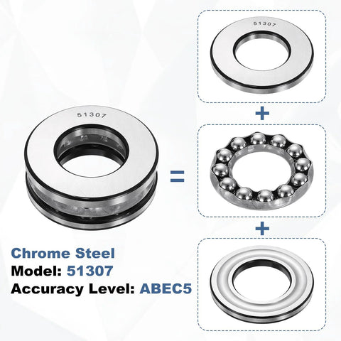 Components of Heavy Duty Thrust Ball Bearing Uxcell for Machinery with 35mm bore 68mm OD 24mm thick 51307 with chrome steel makeup.