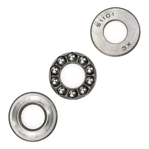 Durable Thrust Ball Bearing For Low Speed Axial Load 12mm Bore By 26mm Outer Diameter By 9mm Thick Precision Chromium Steel GCr15 Construction 51101 Series Pack Of 6 Ideal For Machinery Replacements And Go To Heavy Duty Applications Rannb showing disassembled components.