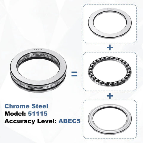Thrust Ball Bearing With 75mm Bore And 100mm Outer Diameter, 19mm Thick, Heavy-Duty Chrome Steel Axial Roller Bearing ABEC5 51115