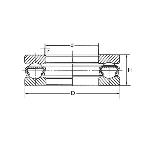 Technical diagram of Beefy Thrust Ball Bearing 20mm Bore 35mm OD 10mm Thick Chrome Steel 52100, showing dimensions and structure.