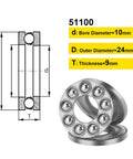 Thrust Ball Bearings Four Pack 51100 diagram with 10mm bore, 24mm outer diameter, 9mm thick, chrome steel, brass cage.