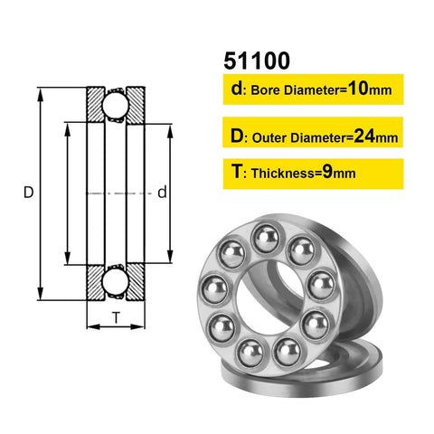 Thrust Ball Bearings Four Pack 51100 diagram with 10mm bore, 24mm outer diameter, 9mm thick, chrome steel, brass cage.