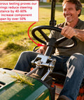 Man riding lawn tractor using Professional Grade Thrust Needle Roller Bearing Set for easy steering, enhancing mower performance.