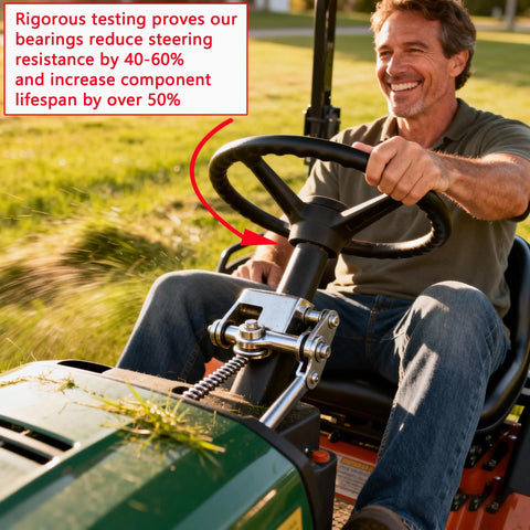 Man riding lawn tractor using Professional Grade Thrust Needle Roller Bearing Set for easy steering, enhancing mower performance.
