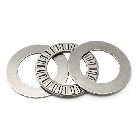 Heavy Duty Thrust Needle Roller Bearings With NTA1423 And Two Washers For High Load Applications In Chrome Steel displayed on white background.