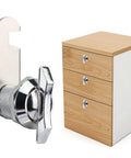 Effortless, keyless access with a thumb operated offset cam lock for RVs, campers, storage cabinets, drawers, and mailboxes; simply turn the wing handle to lock or unlock, compact 19x16mm size, color S.