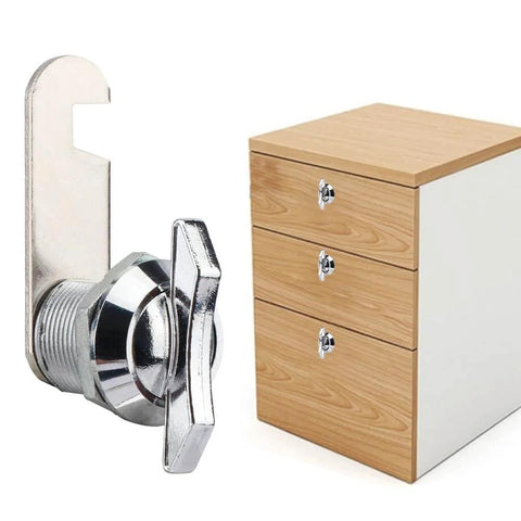 Effortless, keyless access with a thumb operated offset cam lock for RVs, campers, storage cabinets, drawers, and mailboxes; simply turn the wing handle to lock or unlock, compact 19x16mm size, color S.