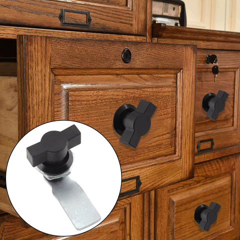 Two Pack Thumb Operated Offset Cam Lock Fits On Panels Up To Nine Millimeters Thick With T Handle Swing Knob Turn Cam Lock For Machine Cabinets And Drawers installed on wooden drawers