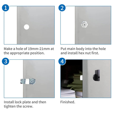 Installation steps for Two Pack Thumb Operated Offset Cam Locks, Durable Zinc Alloy, Wear And Corrosion Resistant, 23mm Thread And 59mm Latch