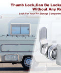 Keyless thumb twist cam lock for RVs, boats, storage compartments and outdoor showers provides easy one-handed operation