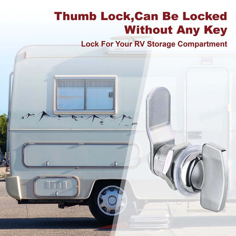 Keyless thumb twist cam lock for RVs, boats, storage compartments and outdoor showers provides easy one-handed operation