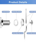 Components of a thumb operated offset cam lock with 1 inch cylinder for RV compartments and cabinets, zinc alloy construction.