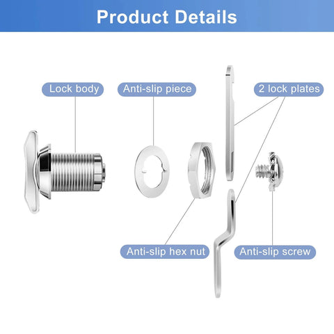 Components of a thumb operated offset cam lock with 1 inch cylinder for RV compartments and cabinets, zinc alloy construction.