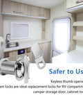 Secure RV compartments, cabinets and drawers with a thumb operated offset cam lock featuring a 1 inch cylinder for doors up to 0.75 inch thick, offering durable zinc alloy construction, reliable non locking protection, and easy access, shown installed in RV interior.