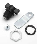 Two piece thumb operated offset cam lock set delivers durable rust resistant zinc alloy construction, components displayed