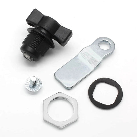 Two piece thumb operated offset cam lock set delivers durable rust resistant zinc alloy construction, components displayed