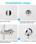 Installation steps for effortless, keyless access with a thumb operated offset cam lock for RVs, campers, storage cabinets.