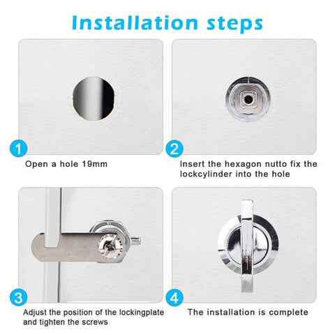 Installation steps for effortless, keyless access with a thumb operated offset cam lock for RVs, campers, storage cabinets.
