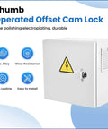 Thumb Operated Offset Cam Lock Five Eighth Inch Keyless Compartment Replacement Lock on a mounted white cabinet