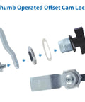 Exploded view of two thumb operated offset cam locks with black handles for cabinets, drawers, mailboxes, RV compartments, and lockers.