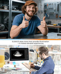 Man in workshop giving thumbs up; person at desk designing Super Bright 250W UFO LED High Bay Light With Plug And 5ft Cable 35000 Lumens 5000K Cool White 140 Lumens Per Watt Equivalent To 1000W MH HPS HID Great For Garage Workshop Warehouse Barn 6 Pack ELEKICO