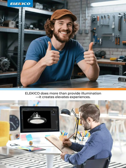 Man in workshop giving thumbs up; person at desk designing Super Bright 250W UFO LED High Bay Light With Plug And 5ft Cable 35000 Lumens 5000K Cool White 140 Lumens Per Watt Equivalent To 1000W MH HPS HID Great For Garage Workshop Warehouse Barn 6 Pack ELEKICO