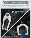Close-up of 5pcs Professional Front End Service Tool Kit including Pitman Arm Puller and Tie Rod Ball Joint Separator in use